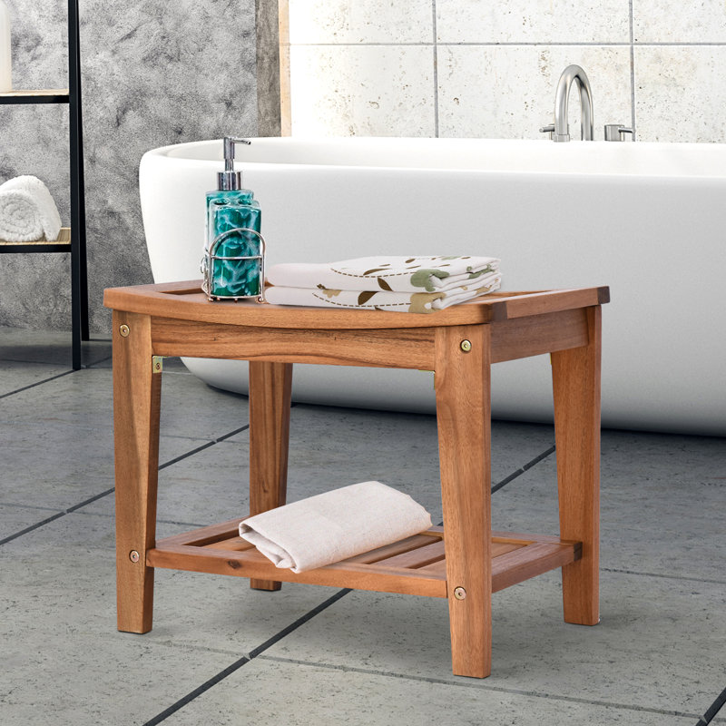 Highland Dunes Delania Solid Natural Acacia Wood Sturdy Bathroom Shower ...
